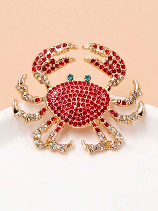 Anthropologie Jewelry - Gold-Tone Crab Brooch with Red and Aqua Crystals